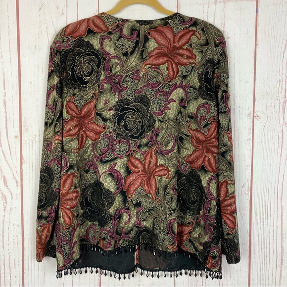Dressbarn Size 18 20 Beaded Fringe Cardigan Black Floral Glitter Textured Slinky - Picture 9 of 13
